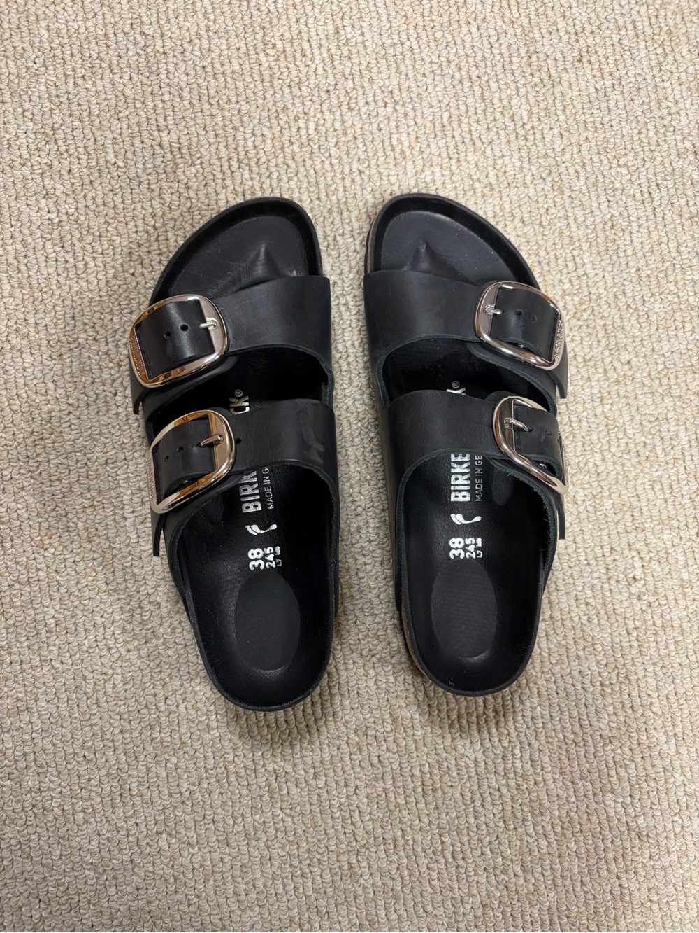 Birkenstock Black Two-Strap Slide Sandals with Silver Buckles